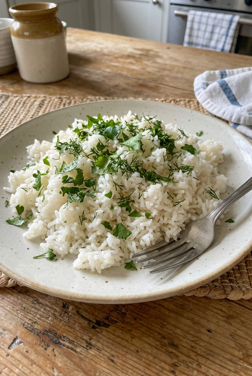 A plate of rice with chopped herbs and a fork