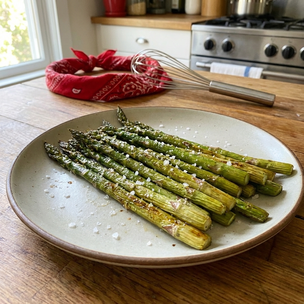A plate of roasted asparagus with a sprinkle of salt