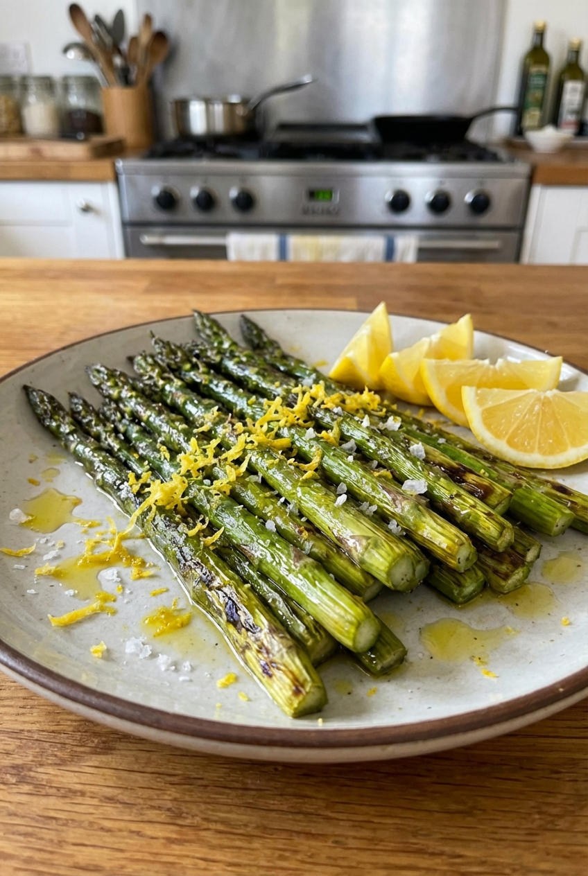 A plate of roasted asparagus with lemon zest