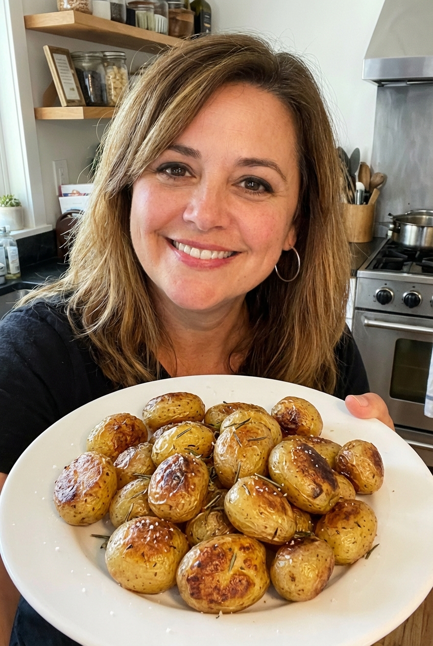 A plate of roasted baby potatoes with crispy edges