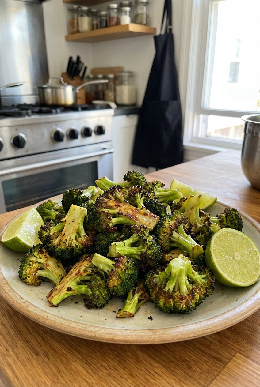 A plate of roasted broccoli with browned edges and lime wedges