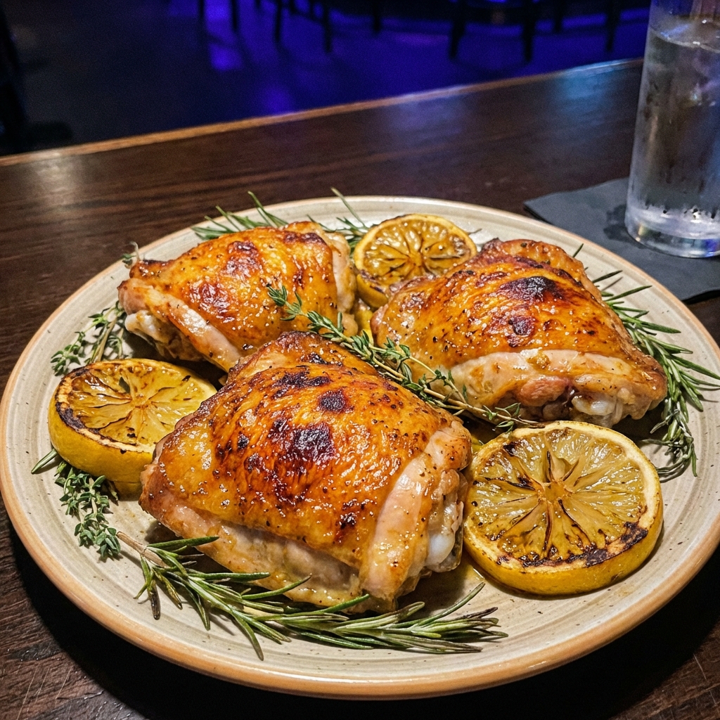 A plate of roasted chicken thighs with crispy skin and lemon slices