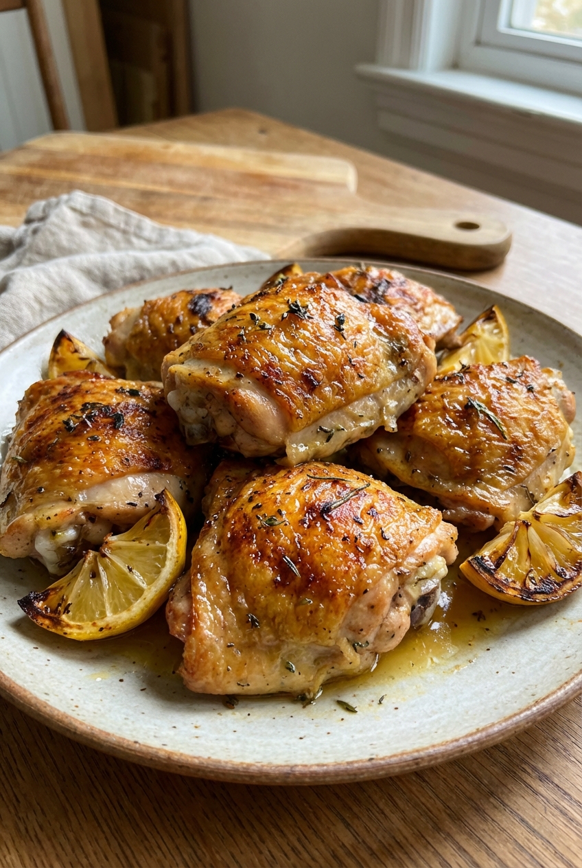 A plate of roasted chicken thighs with crispy skin and lemon wedges