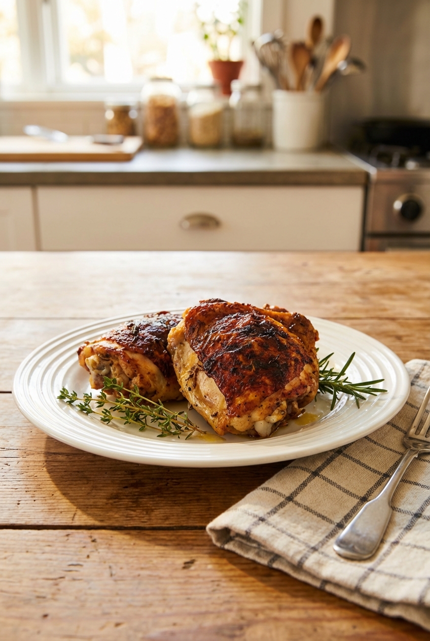 A plate of roasted chicken thighs with crispy skin and herbs
