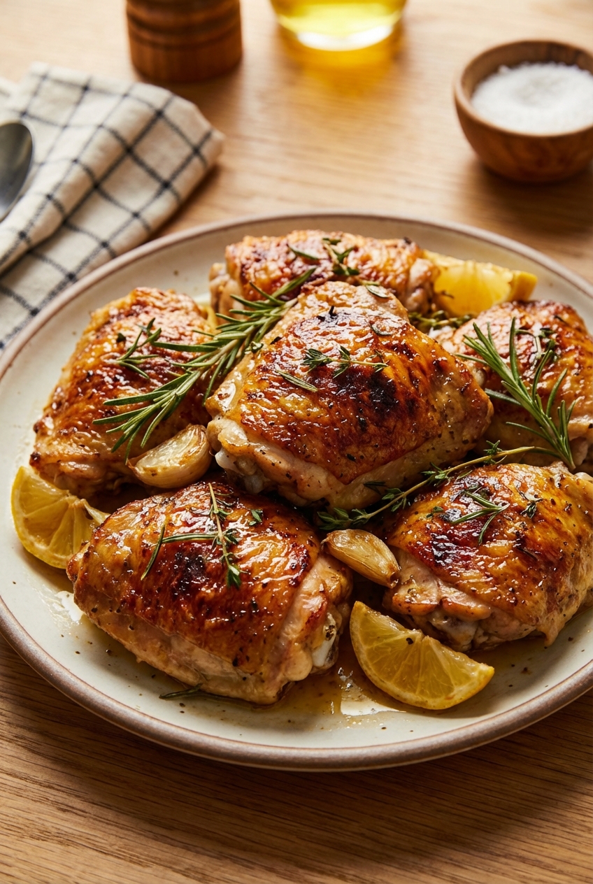 A plate of roasted chicken thighs with crispy skin and herbs