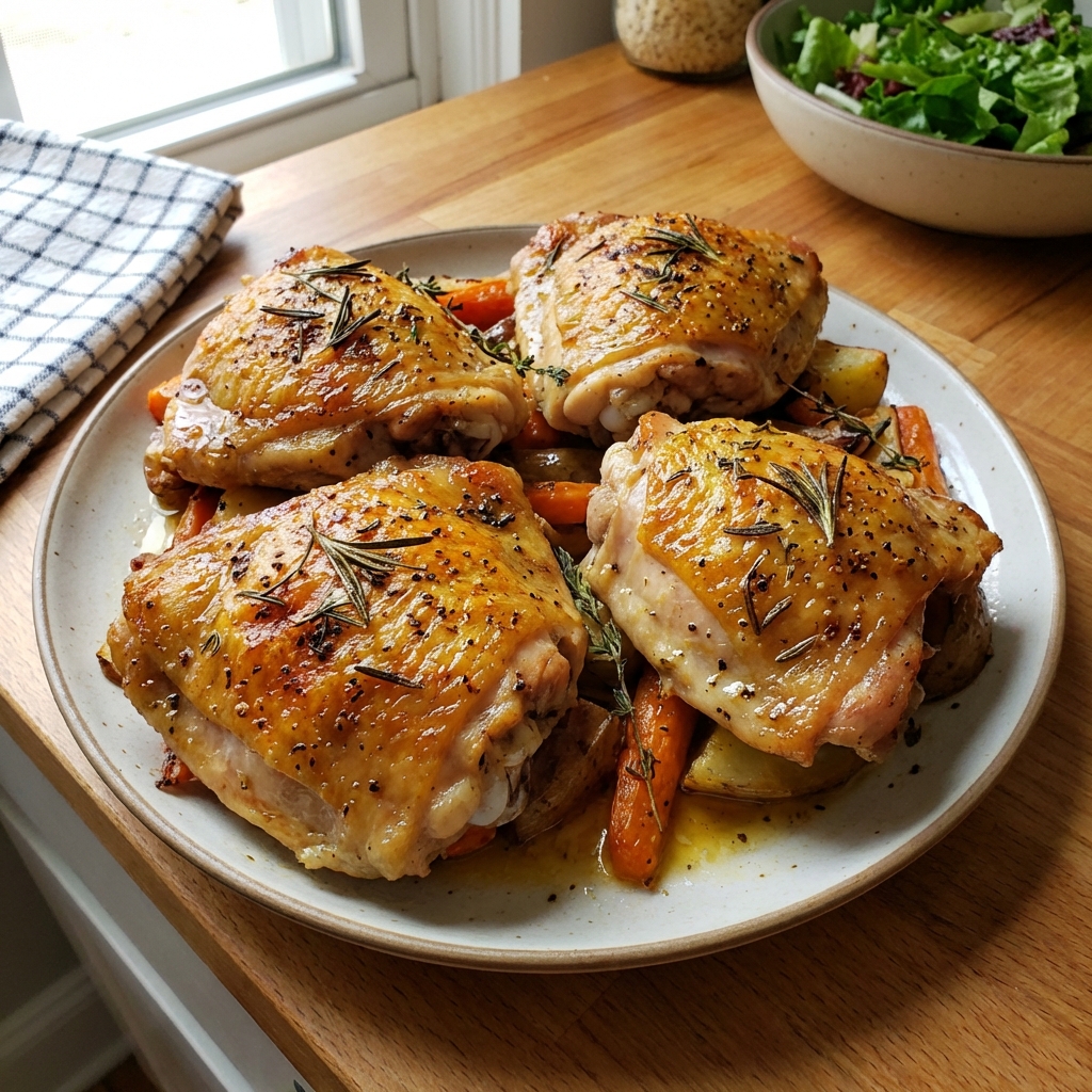 A plate of roasted chicken thighs with crispy skin and herbs