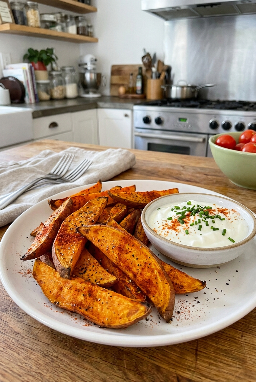 A plate of roasted sweet potato wedges with paprika and a yogurt dip
