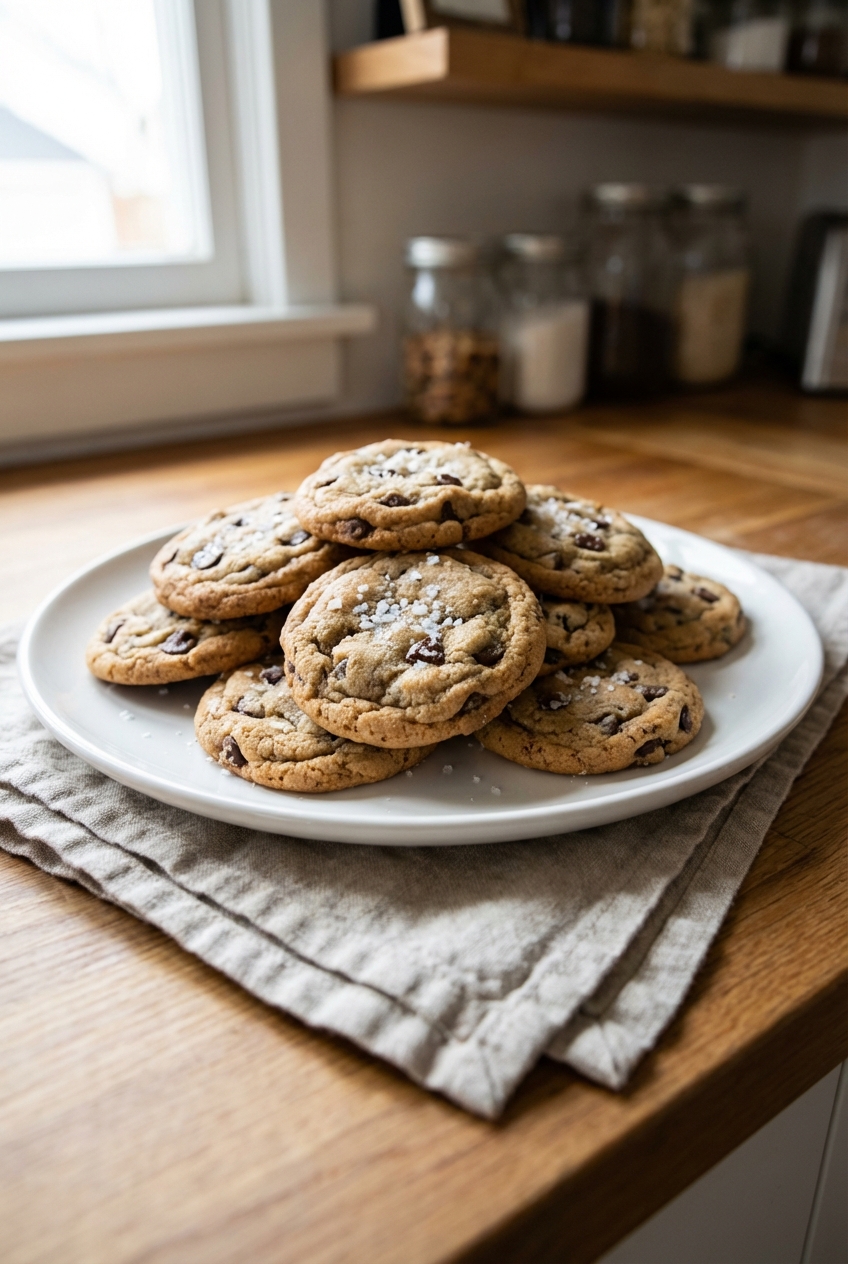 A plate of salted chocolate chip cookies stacked on a napkin