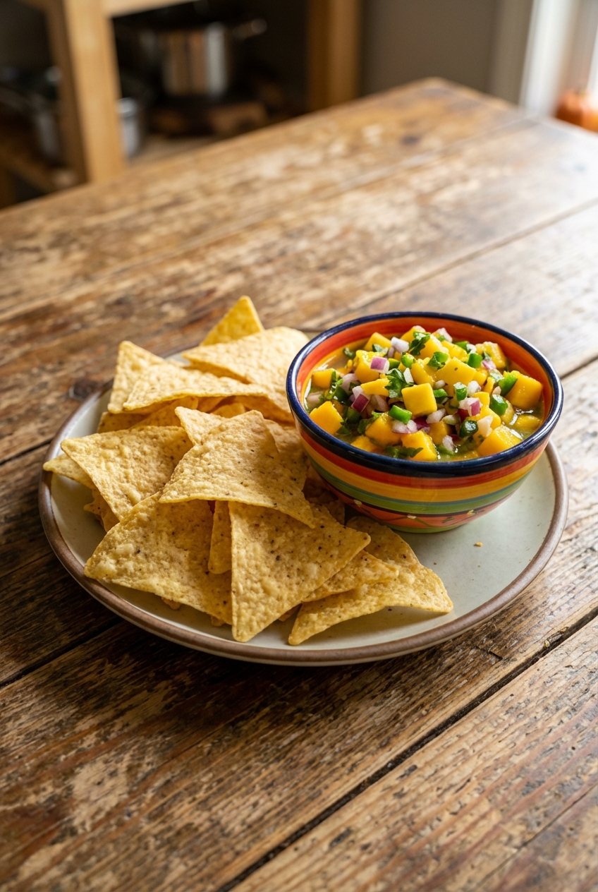 A plate of salty tortilla chips with a small bowl of fresh mango salsa on a wooden table