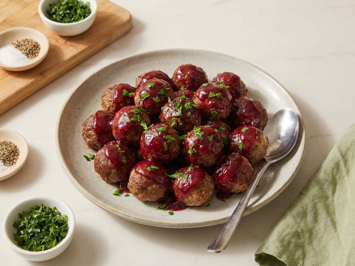 A plate of saucy meatballs garnished with chopped parsley, served with a spoon on a simple table setting