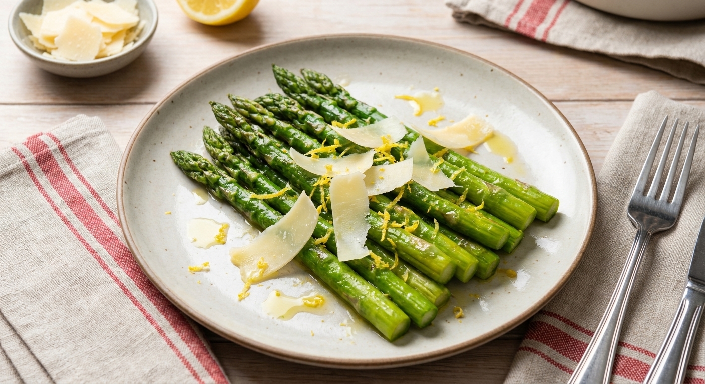 A plate of sautéed asparagus topped with lemon zest and shaved parmesan on a simple dinner table setting
