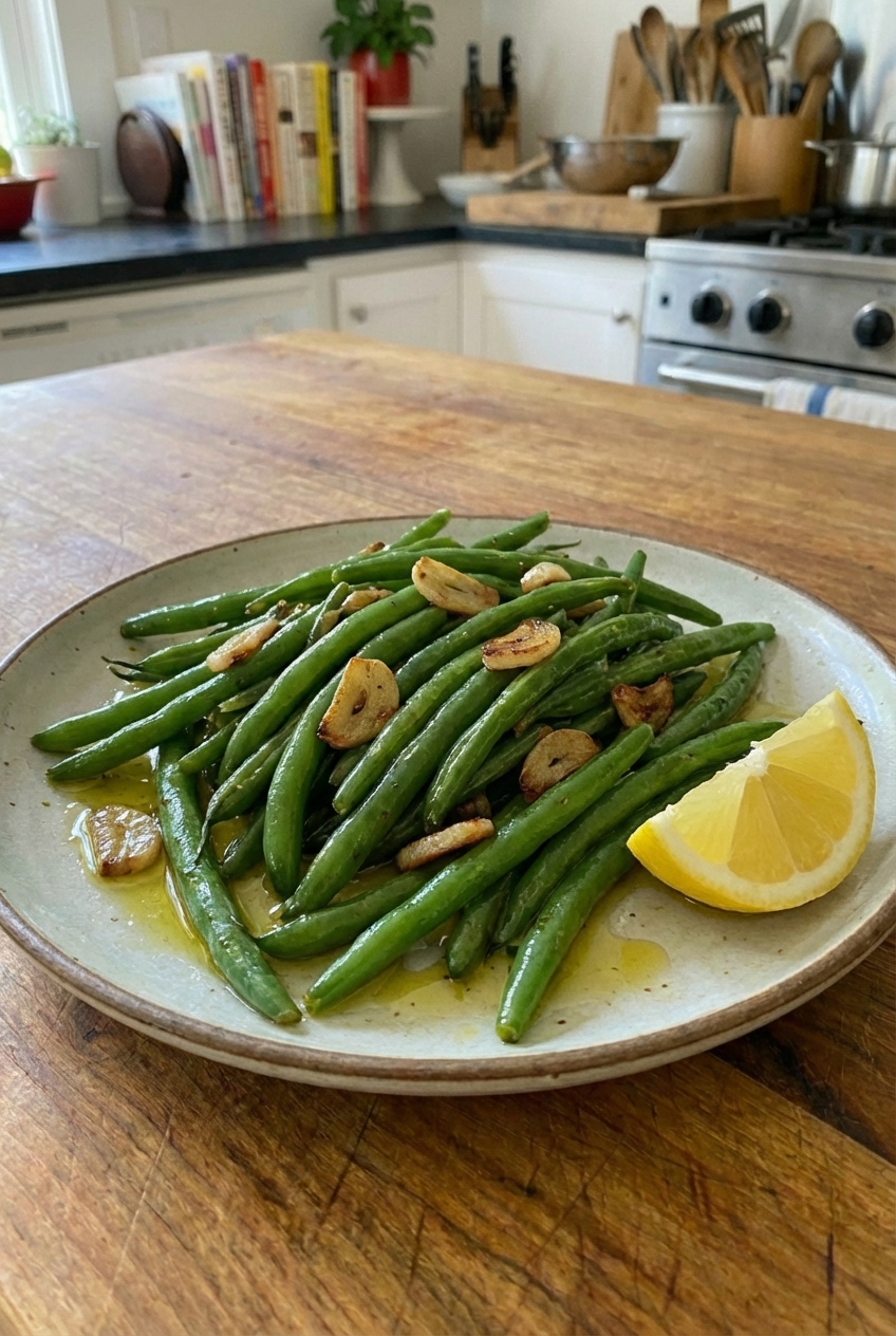 A plate of sautéed green beans with garlic and a lemon wedge