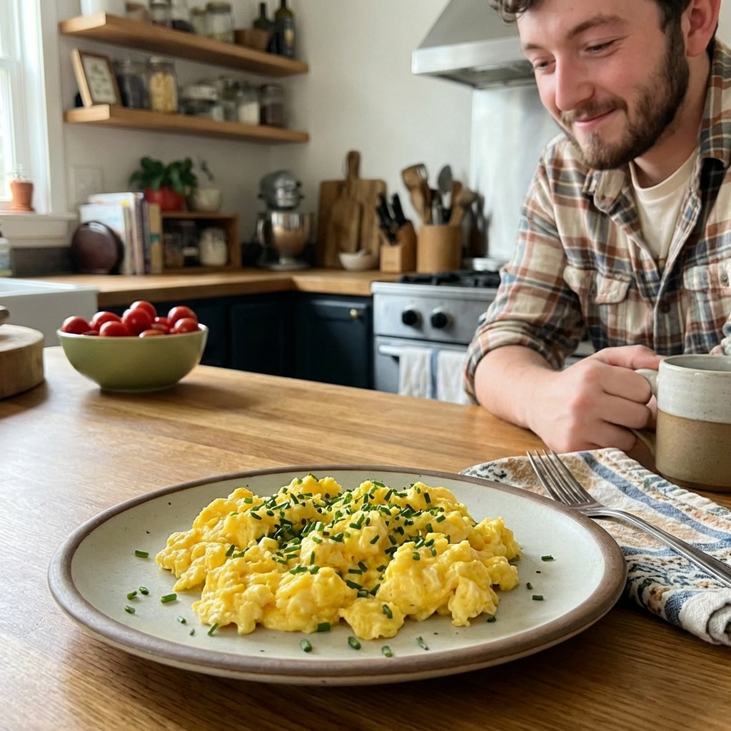 A plate of scrambled eggs with chives