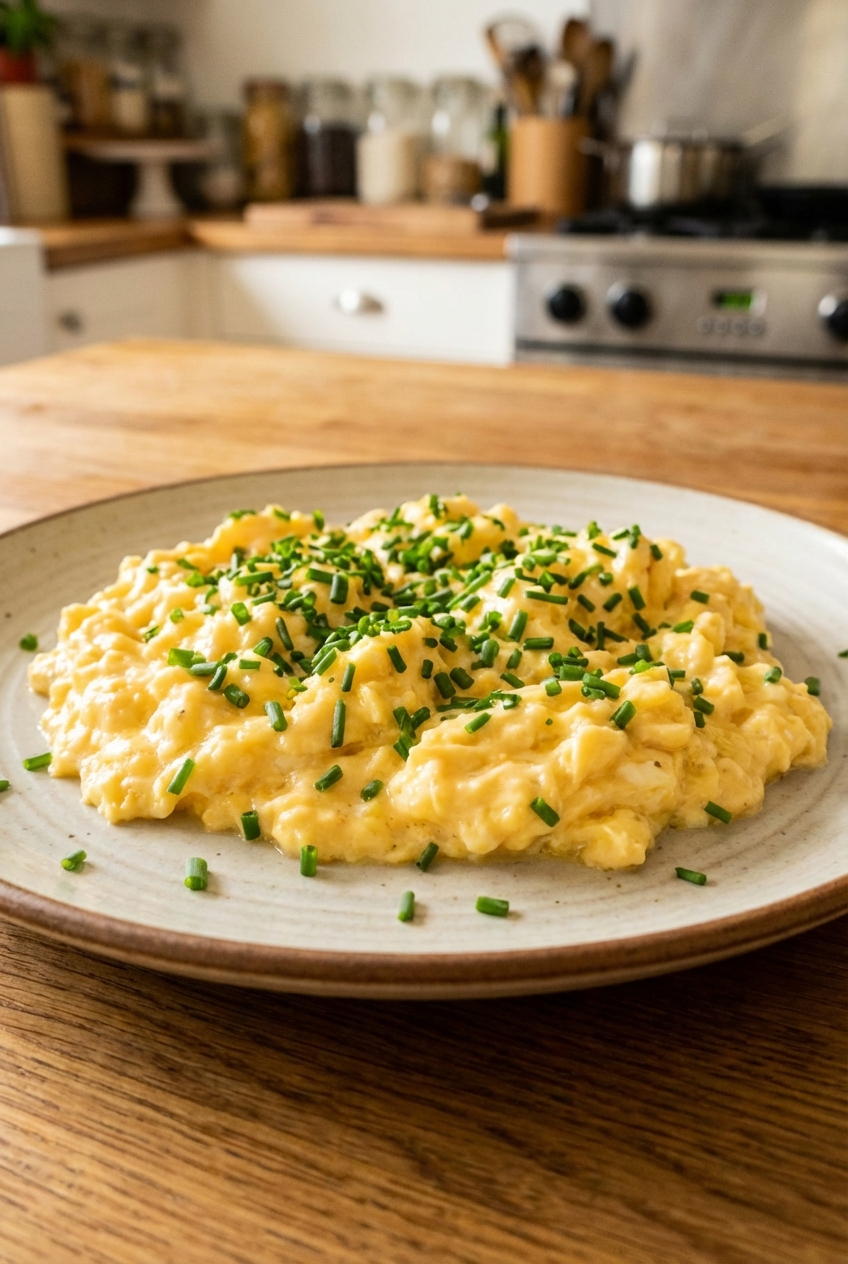 A plate of scrambled eggs with chopped chives