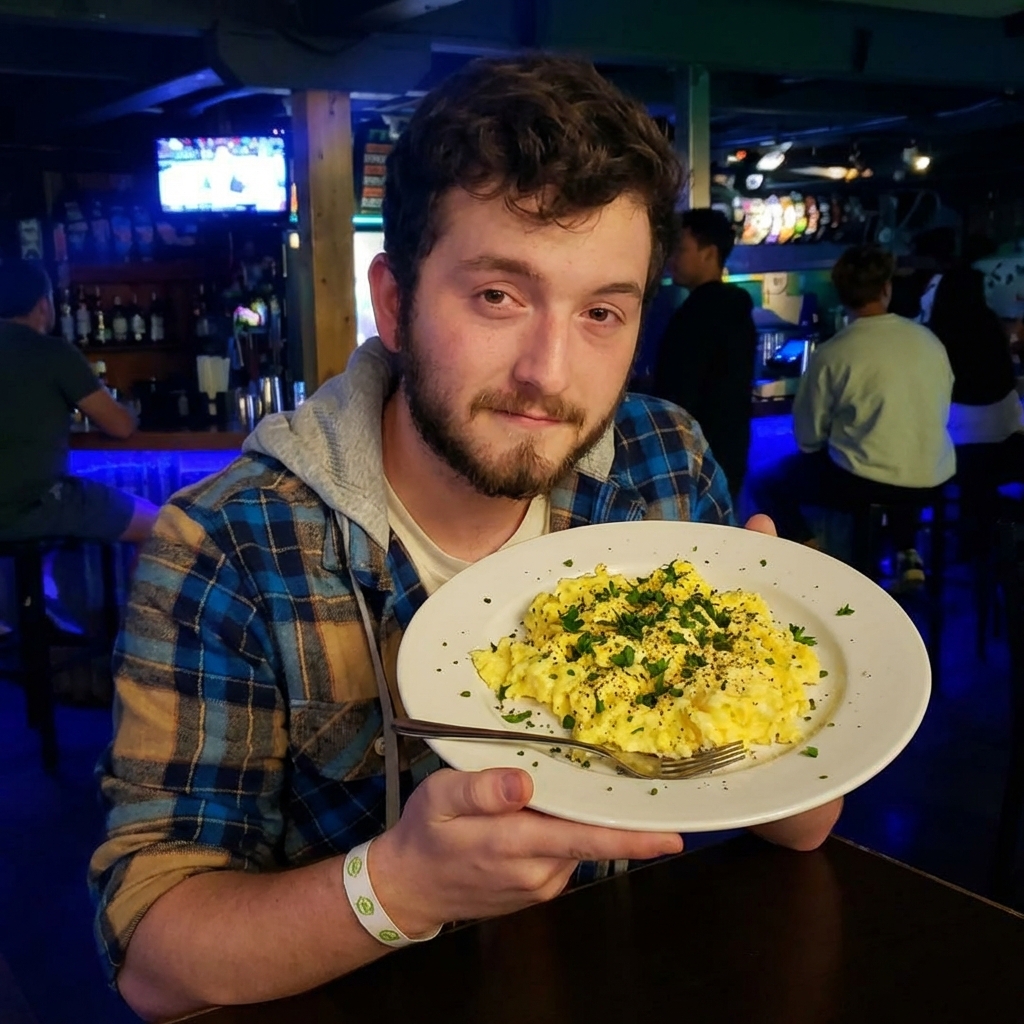 A plate of scrambled eggs with herbs and black pepper