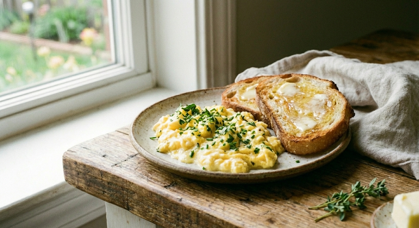A plate of scrambled eggs with herbs and buttered toast beside it on a kitchen table