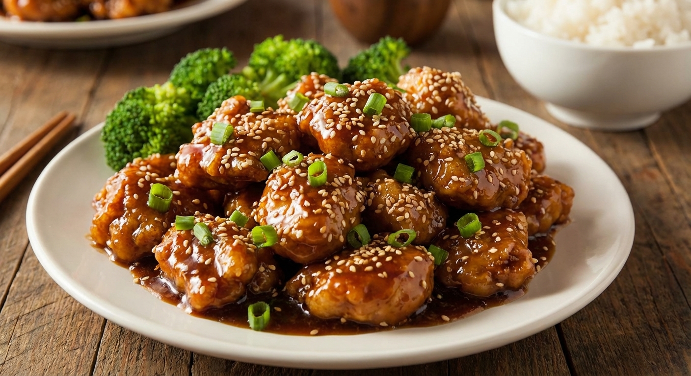 A plate of sesame chicken with glossy sauce and sesame seeds