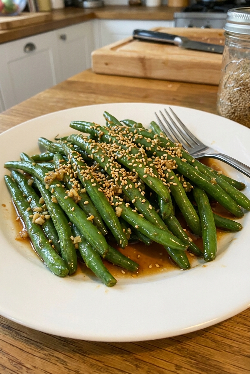 A plate of sesame garlic green beans with toasted sesame seeds