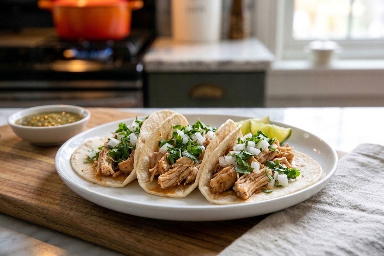 A plate of shredded chicken tacos topped with chopped cilantro and diced onion, served on a simple dinner table setting