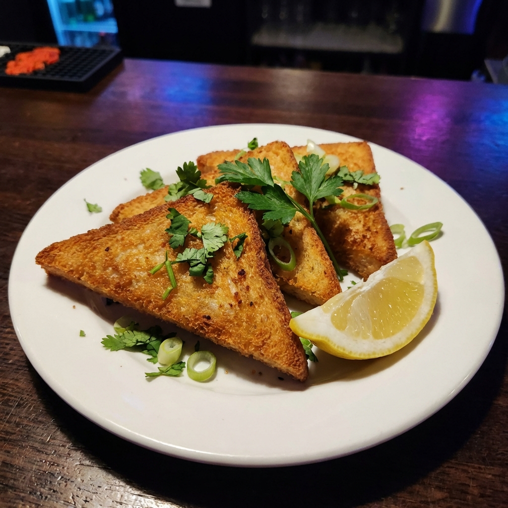 A plate of shrimp toast with a lemon wedge and herbs