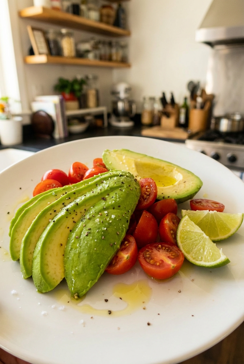 A plate of simple avocado salad with sliced avocado, cherry tomatoes, and lime
