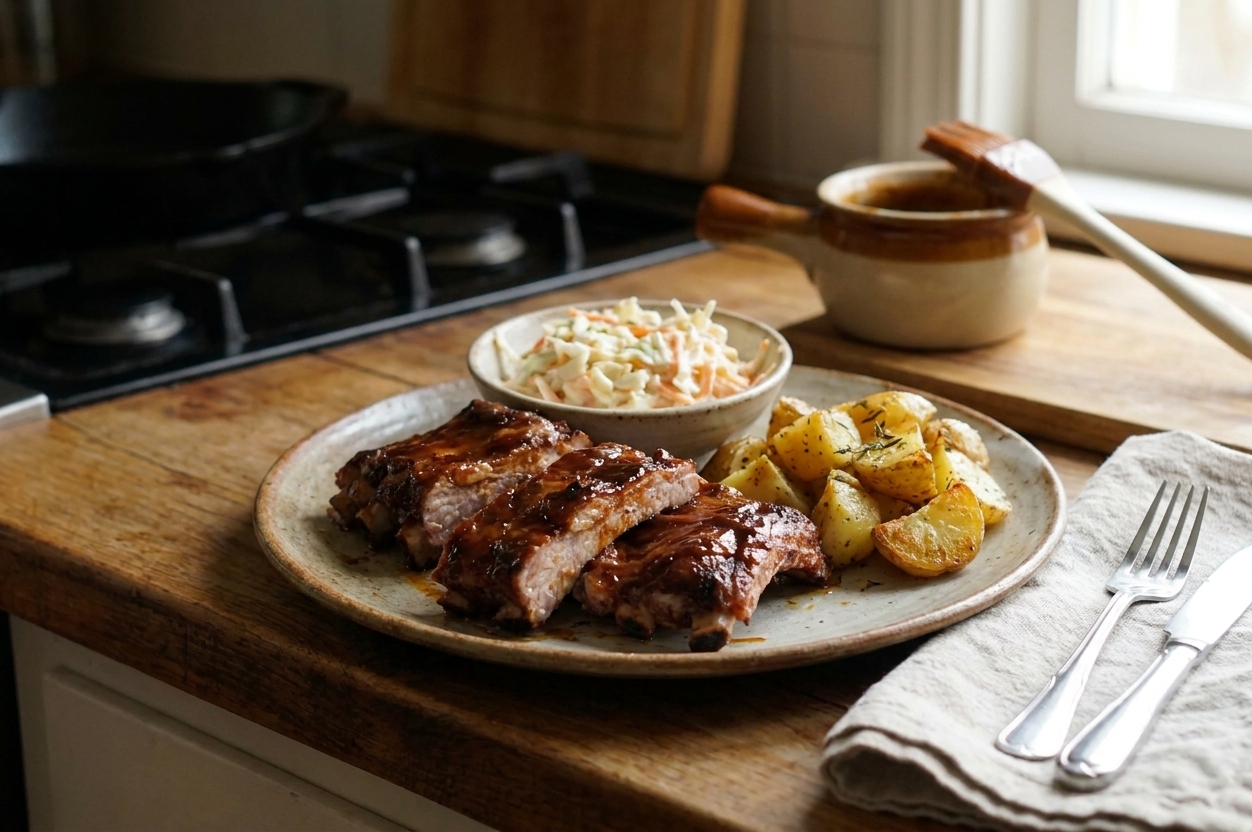 A plate of sliced barbecue ribs with a glossy glaze, served with coleslaw and roasted potatoes on a family dinner table with soft evening light