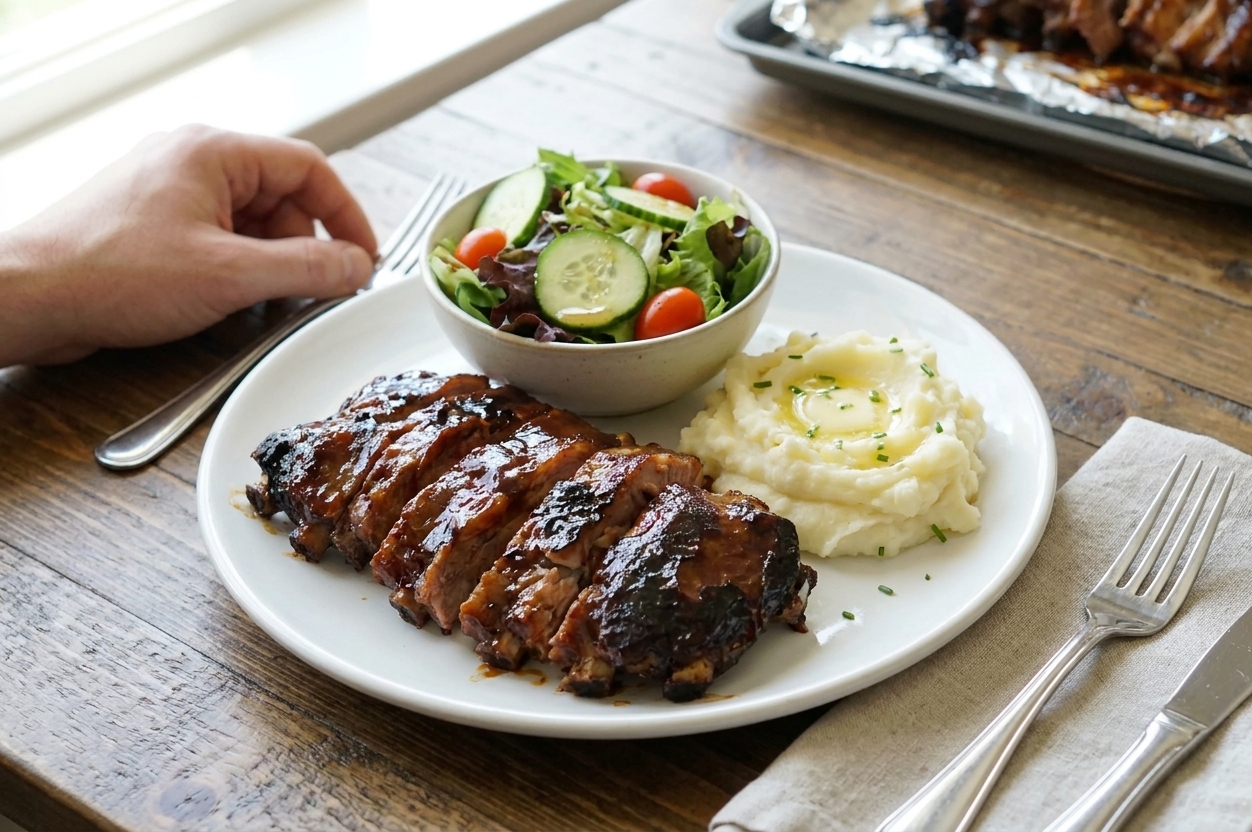 A plate of sliced beef back ribs with sticky sauce, served with mashed potatoes and a simple green salad on a wooden dining table