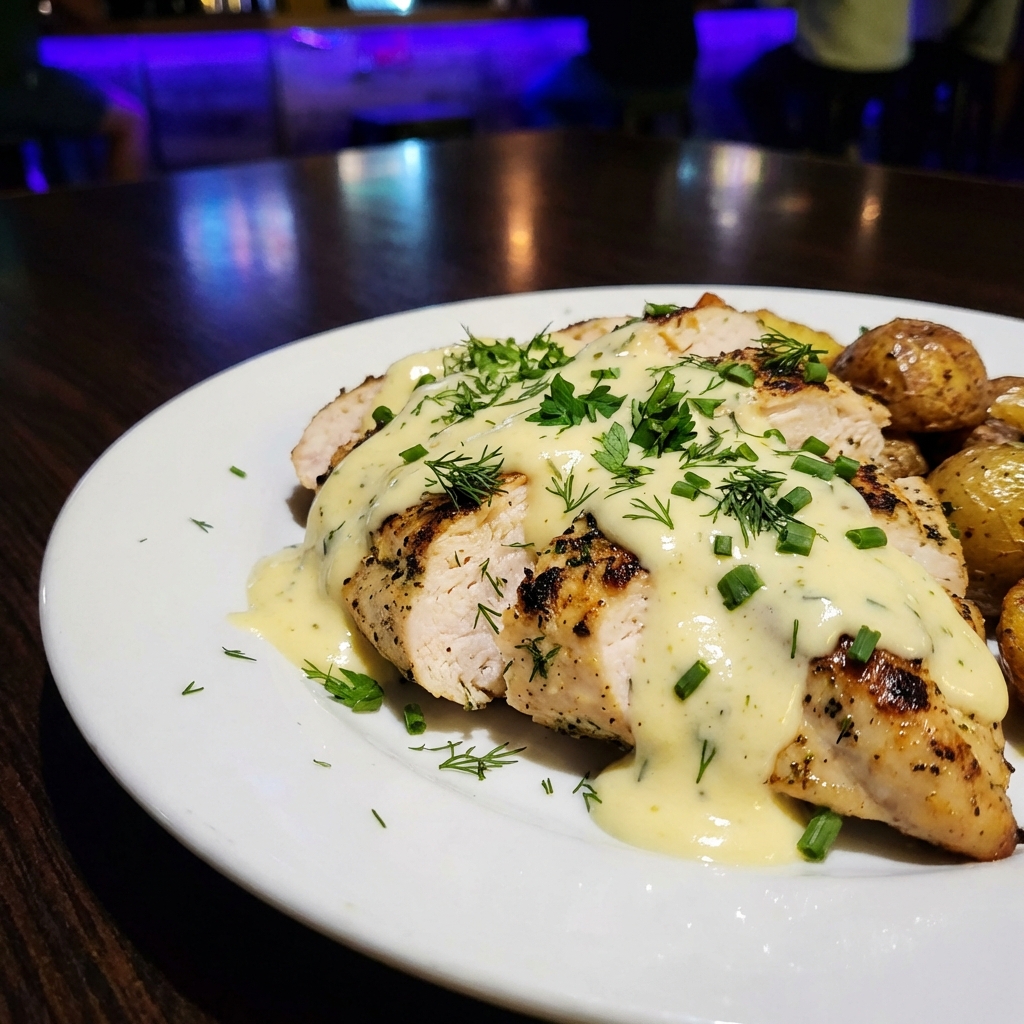 A plate of sliced chicken topped with creamy lemon yogurt sauce and herbs