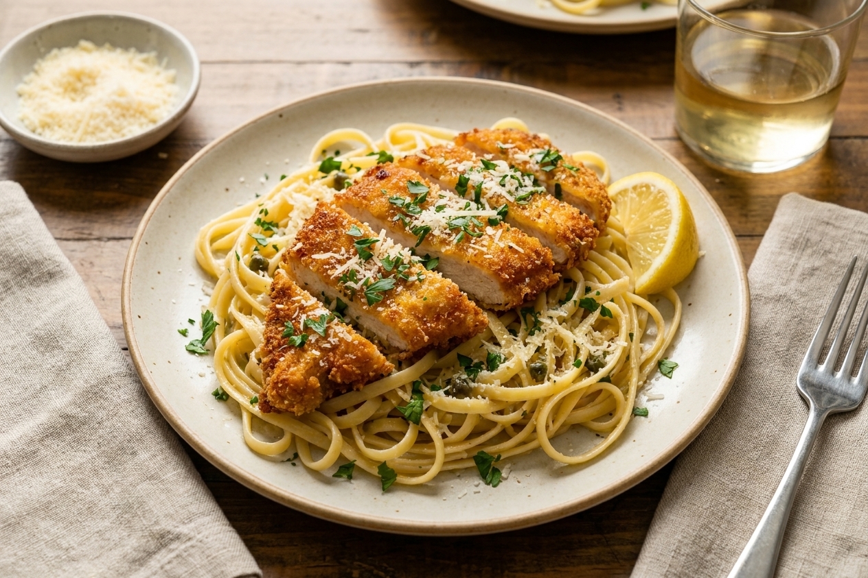 A plate of sliced crispy chicken over buttery lemon-caper pasta finished with parsley and grated Parmesan on a dining table