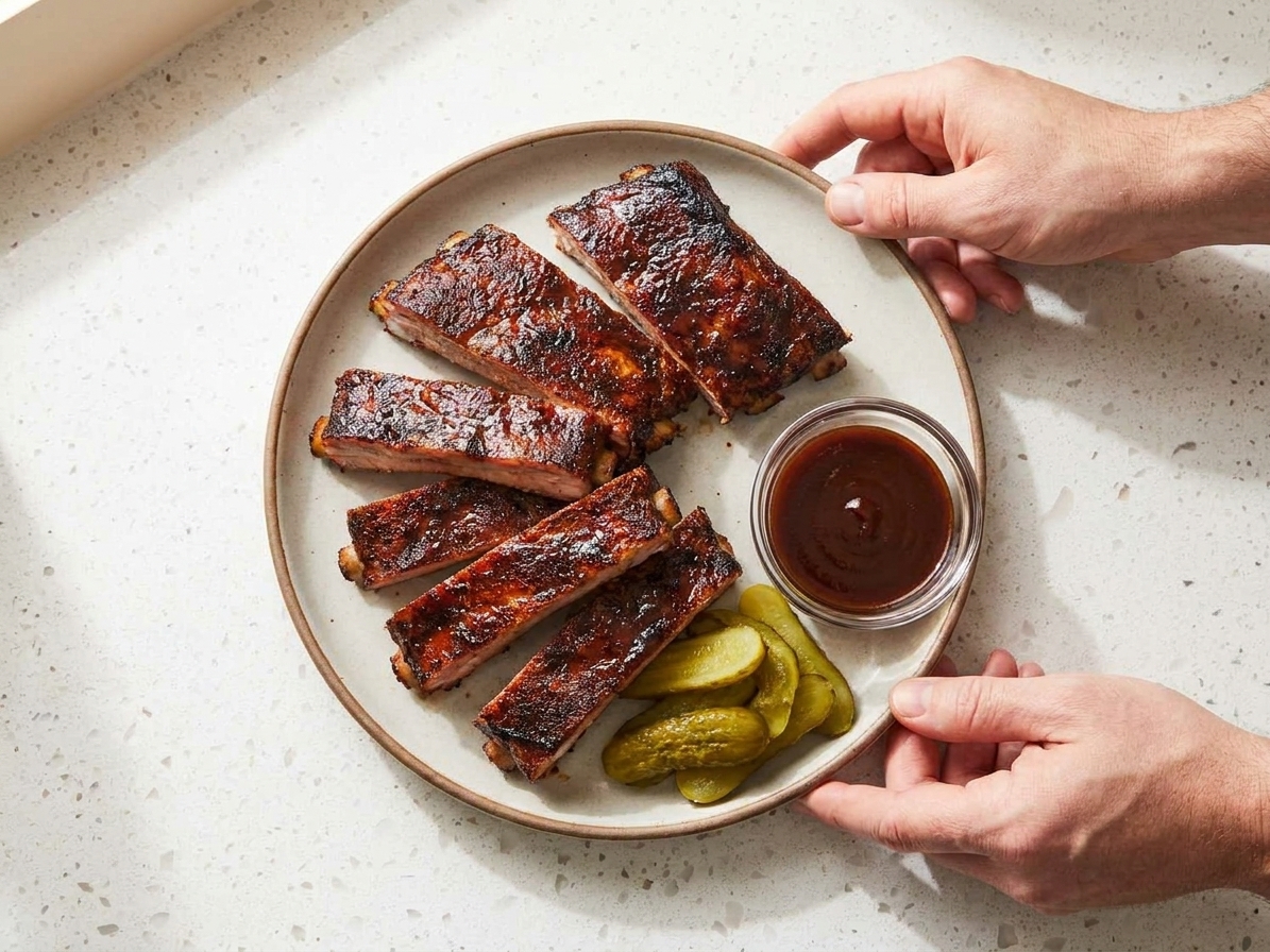 A plate of sliced dry-rub ribs with a glossy bark, served with pickles and a small bowl of barbecue sauce on a wooden table