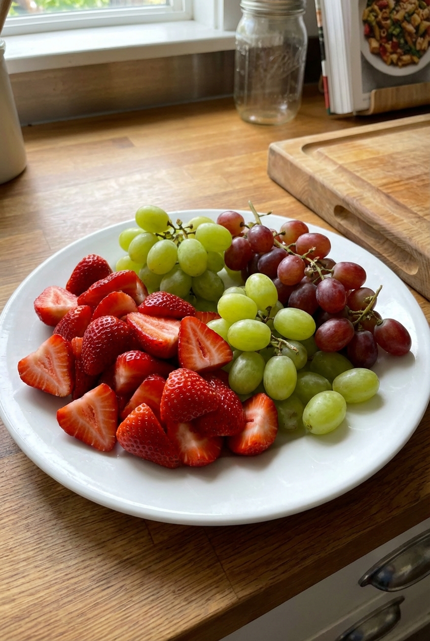 A plate of sliced fresh fruit including strawberries and grapes