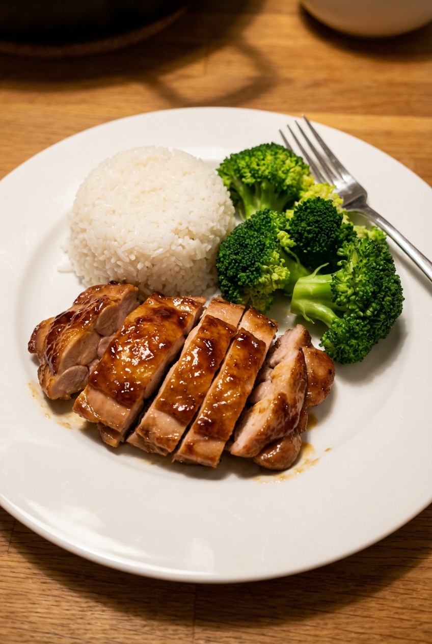 A plate of sliced glazed chicken thighs with rice and steamed broccoli