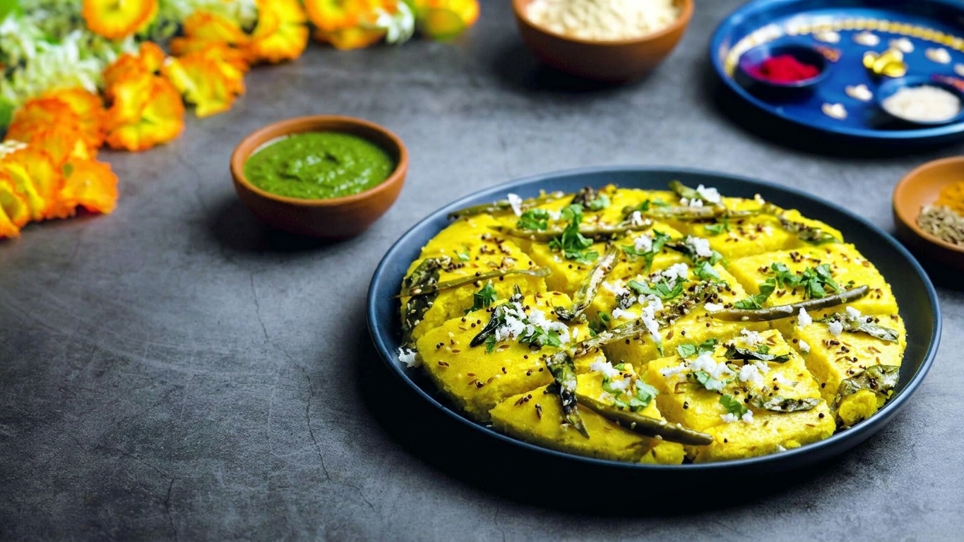 A plate of sliced khaman dhokla garnished with cilantro and coconut, served with a small bowl of green chutney on a simple table setting