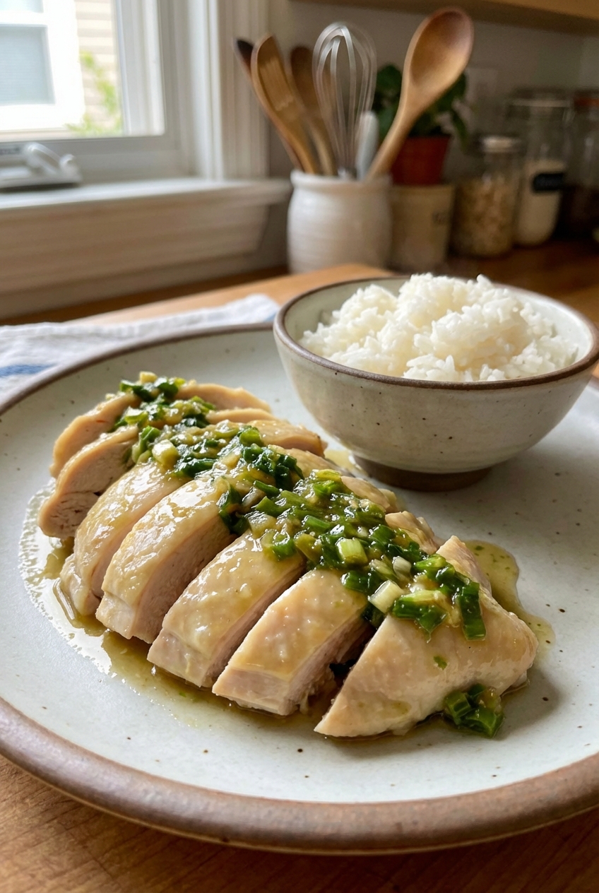 A plate of sliced poached chicken with glossy ginger scallion sauce and steamed rice on the side