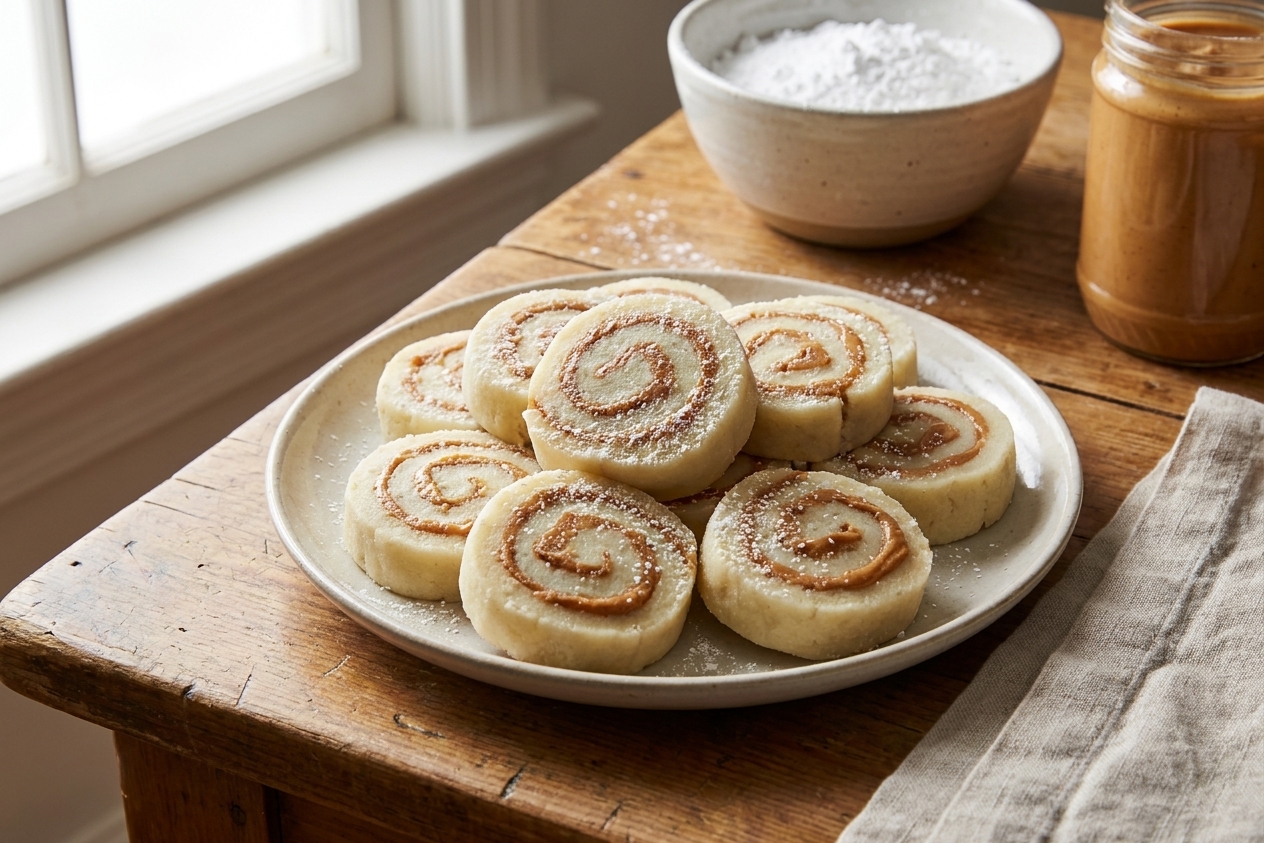 A plate of sliced potato candy pinwheels with a peanut butter swirl on a warm kitchen table, soft natural light