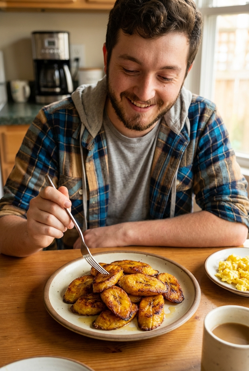 A plate of sliced ripe plantains pan-seared until golden