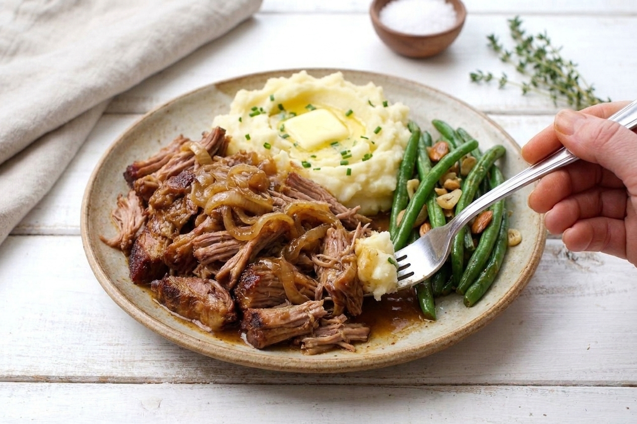 A plate of slow cooker pork shoulder with gravy, mashed potatoes, and green beans on a simple table setting