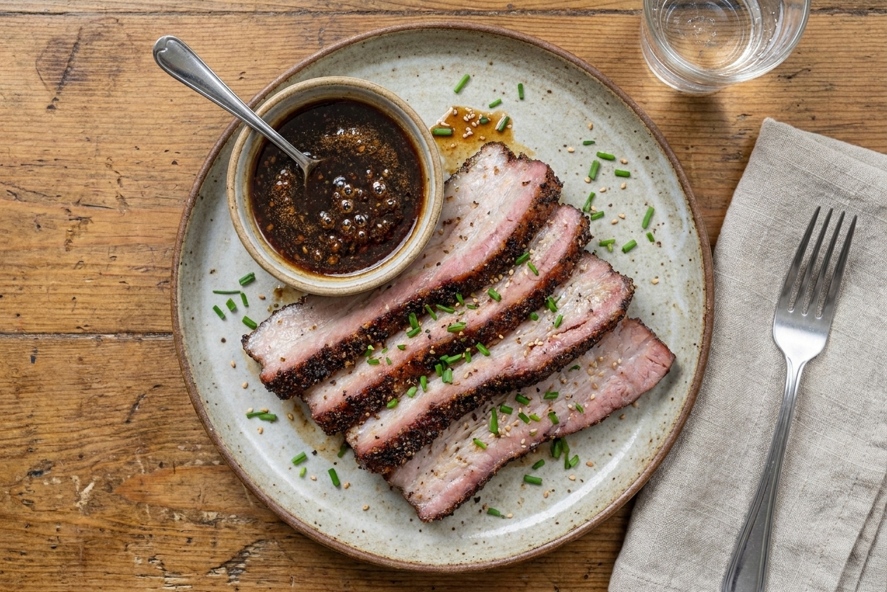 A plate of smoked pork belly slices with a small bowl of extra glaze and a simple kitchen table setting