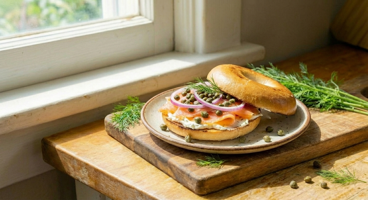 A plate of smoked salmon bagel with capers and red onion