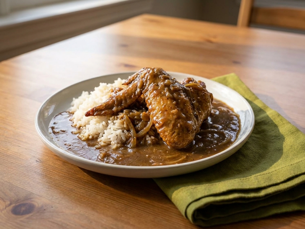 A plate of smothered turkey wings over white rice with onion gravy pooling around the edges, set on a dinner table with a linen napkin
