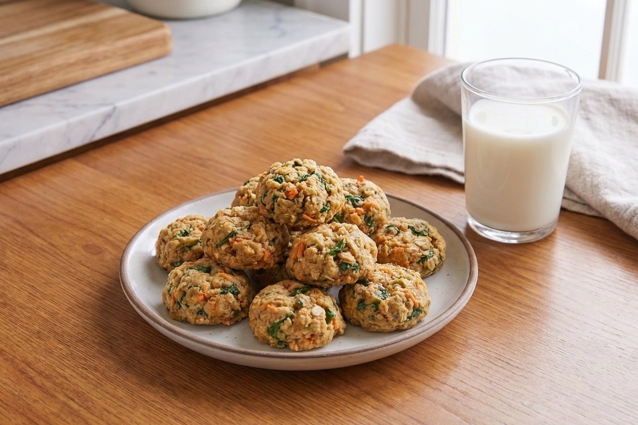 A plate of soft-baked veggie cookie bites studded with grated carrot and zucchini on a warm-toned kitchen table with a glass of milk nearby