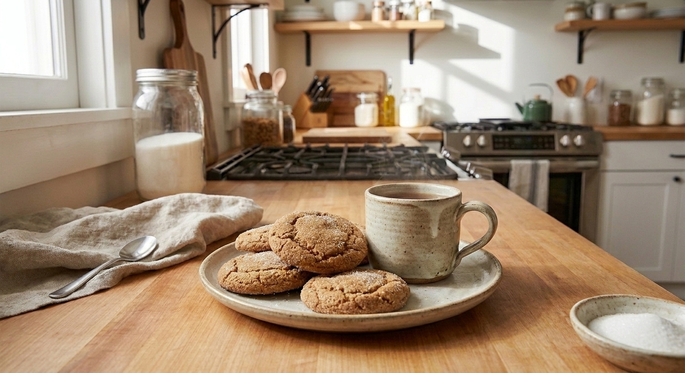 A plate of soft ginger cookies served with a mug of tea on a simple kitchen table setting with warm natural light