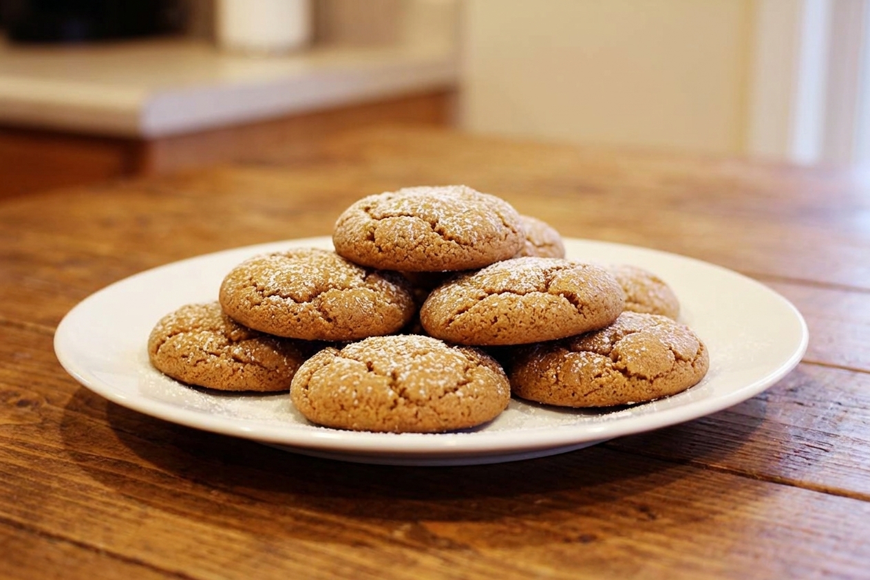 A plate of soft gingerbread cookies with lightly crackled tops and a dusting of sugar on a warm-toned wooden table, cozy kitchen lighting