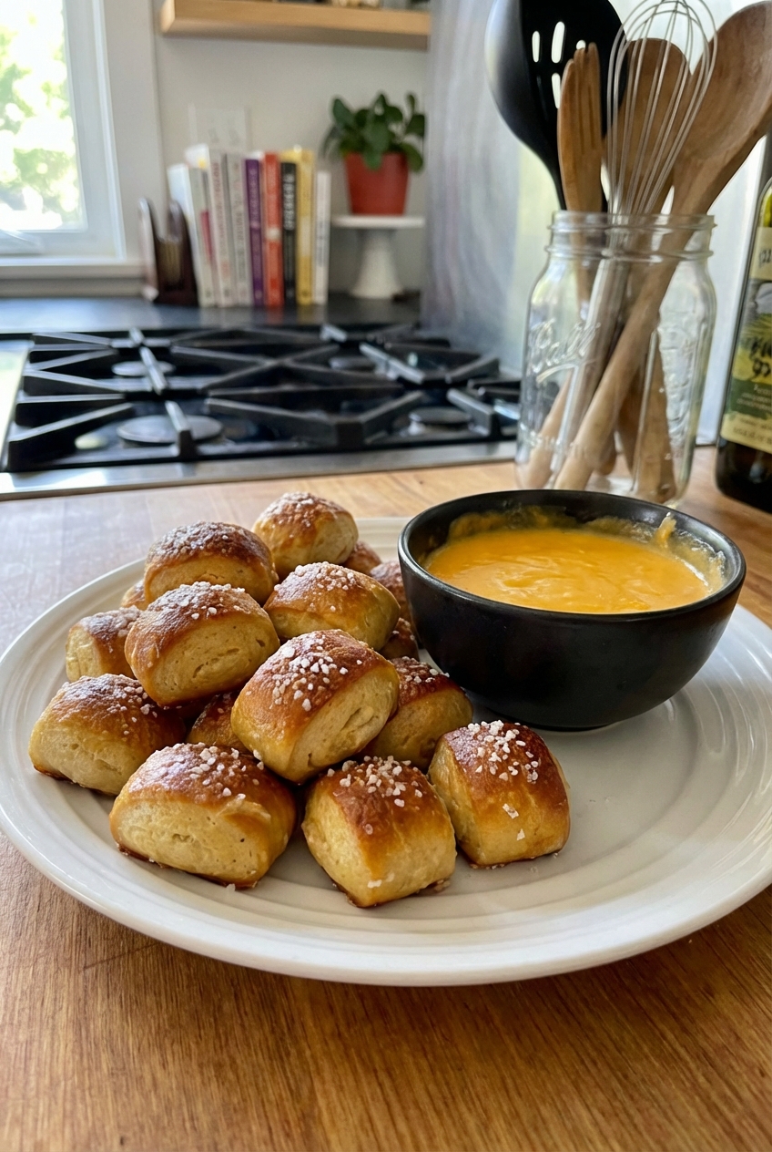 A plate of soft pretzel bites with a bowl of warm cheese sauce
