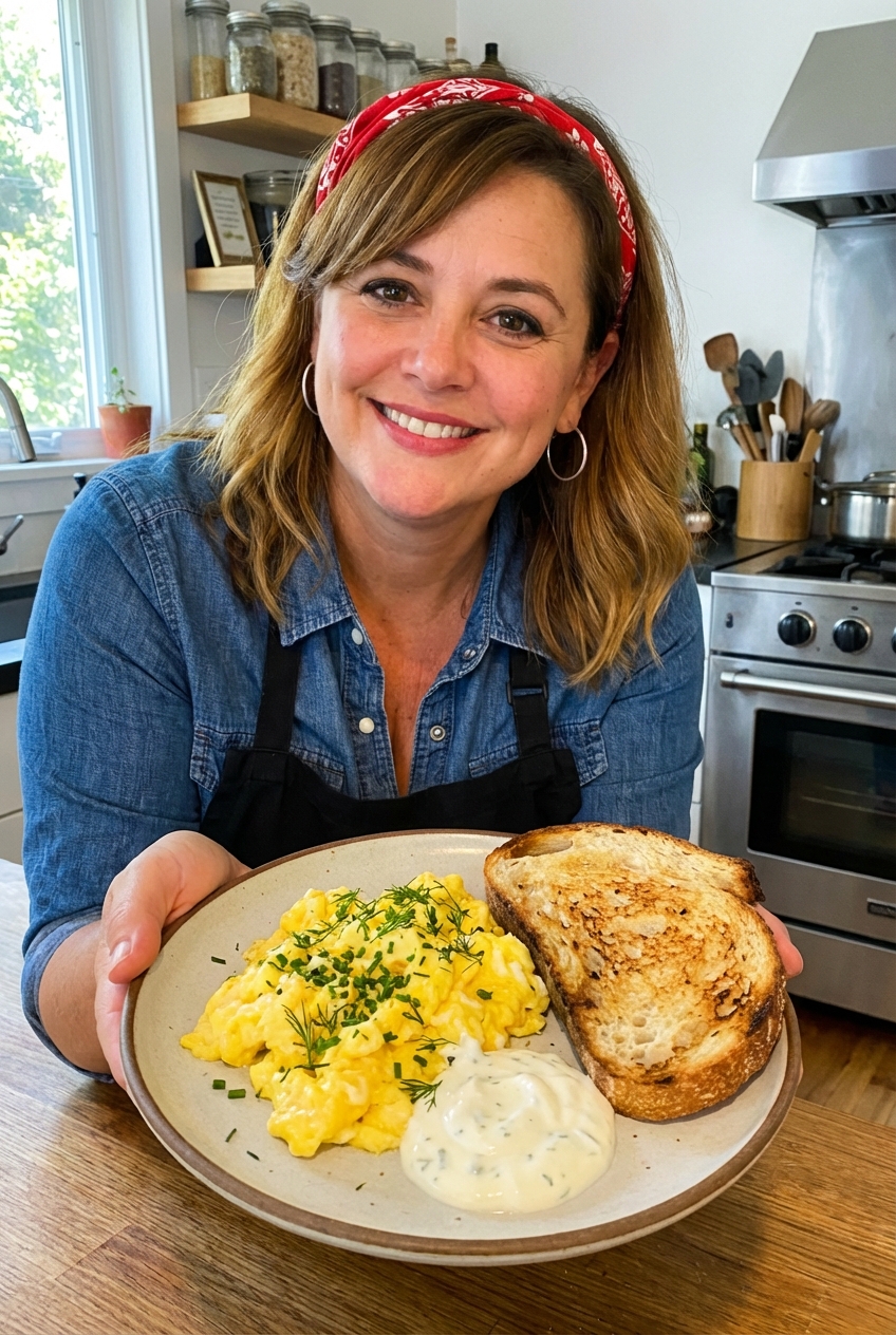 A plate of soft scrambled eggs with chopped herbs and a dollop of lemon yogurt sauce next to toasted sourdough