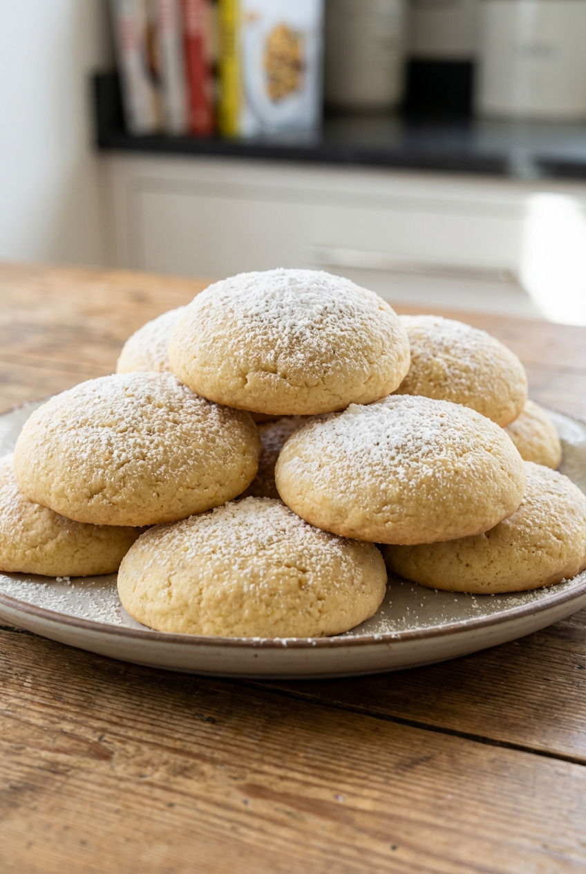 A plate of soft sugar cookies stacked with a light dusting of powdered sugar