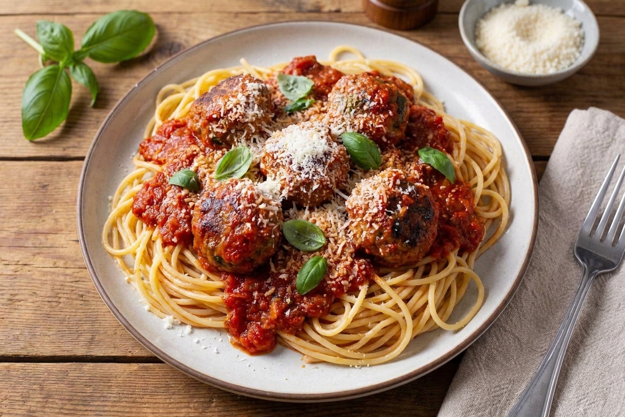 A plate of spaghetti topped with meatballs and chunky tomato sauce, finished with grated Parmesan and basil on a dinner table
