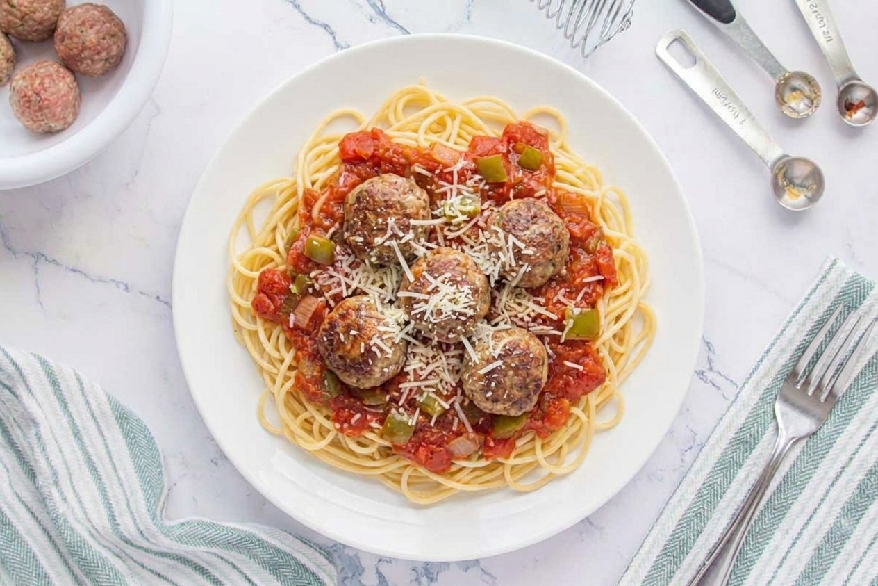 A plate of spaghetti topped with several saucy meatballs and grated Parmesan on a dinner table with a simple place setting