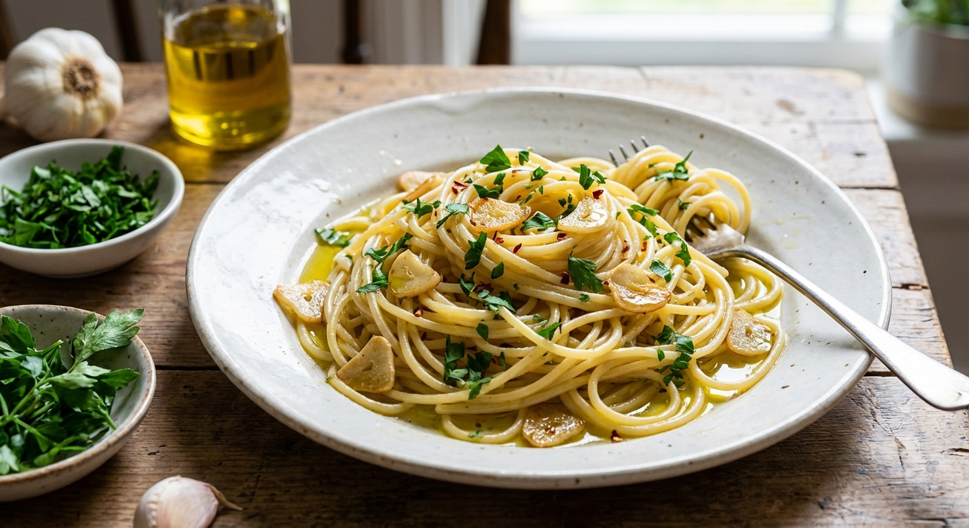 A plate of spaghetti tossed with olive oil, garlic, and parsley