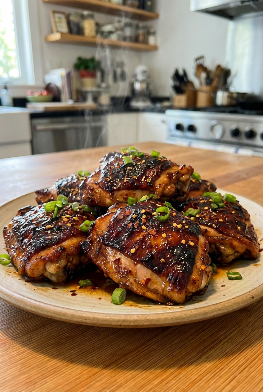 A plate of spicy honey glazed chicken thighs with caramelized skin
